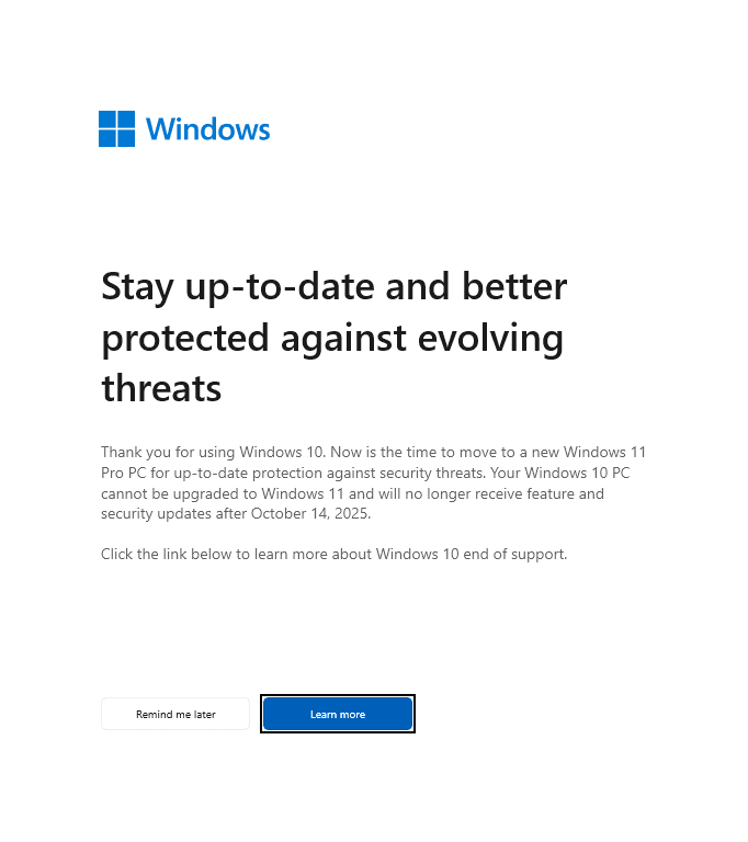 Windows 10 Desteği Bitti: 2026'da Ne Yapmalısınız? (ESU, Yükseltme ve Riskler) 2 Windows 10 desteği bitti bildirimi ve Windows 11 yükseltme ekranı
