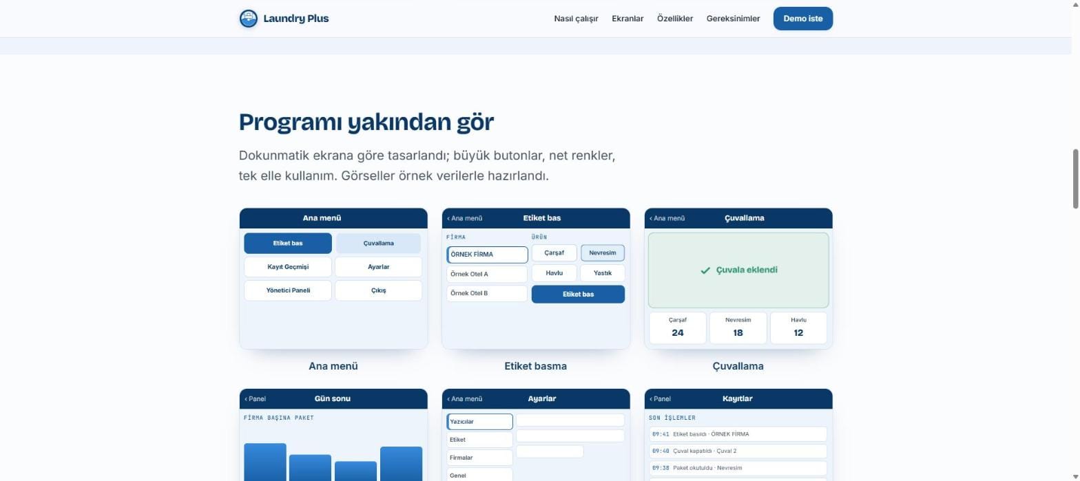Projects 2 Laundry Plus laundry management software screens — label printing, bagging and end-of-day report